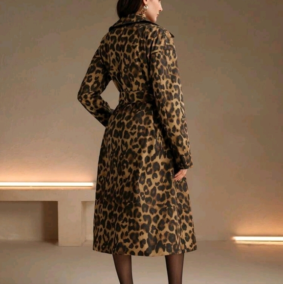 Retro European & American Leopard Print LongSleeve Slim Fit Windbreaker Overcoat - Picture 1 of 4
